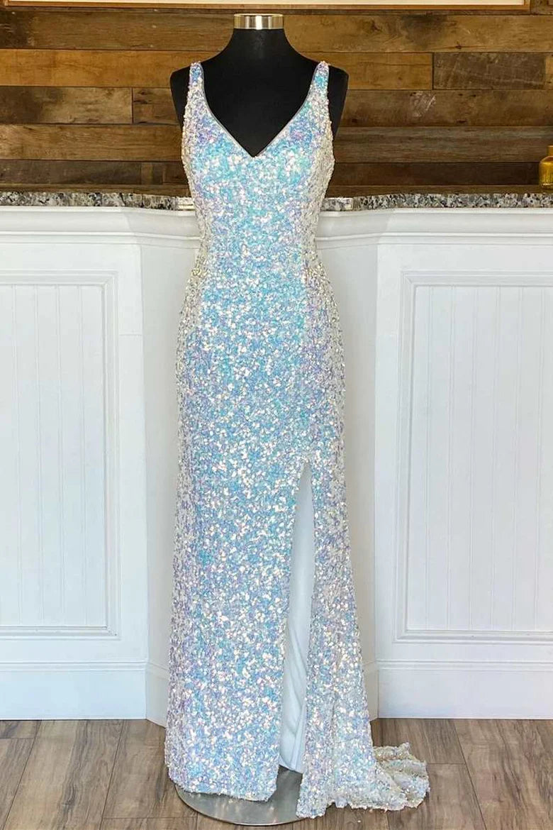 Vestido de fiesta de sirena con escote en V y lentejuelas